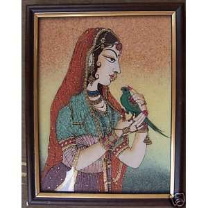   Lady Playing with Parrot in Palace, Gem Art Painting 