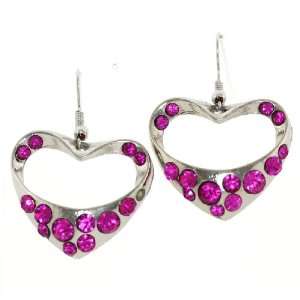  Fushia Crystal Open Heart Design Dangle Earrings Jewelry