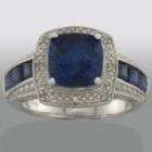   Silver, Lab Created Ceylon Blue Cushion Sapphire and Side Stone Ring