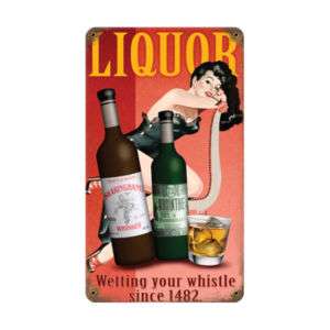 Vintage Liquor Pin Up Girl Metal Bar Sign  