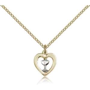Two Tone SS/GF Heart / Holy Communion Chalice Medal Pendant 1/2 x 3/8 