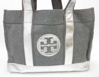TORY BURCH Gray Wool Flannel Silver Tone Large Tote Casual Shoulder 