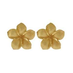  14K Yellow Gold Medium Hawaiian Plumeria Flower Earrings Jewelry