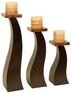 Contemporary Tall Wood Pillar Candle Holder Set/3  