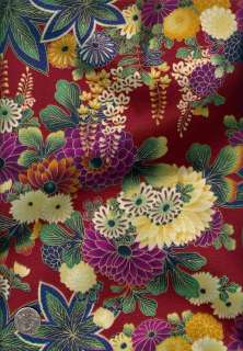 Striking Asian Floral Fabric Jewel Tones Red Plum Gold  