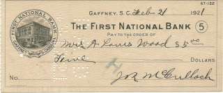 1921 The First National Bank Gaffney SC check  