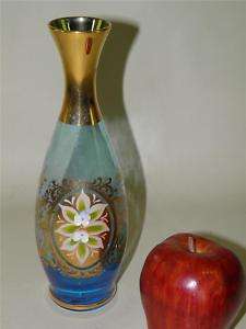 Vintage Bohemian Enamel Gold Gilt Blue Glass Vase  