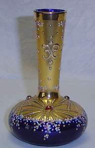   Jeweled Cobalt Blue & Gold Bohemian Glass Vase Enamel Painted Moser