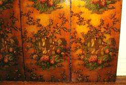 Antique Chinoiserie 3 Panel Screen on Leather c. 1900  