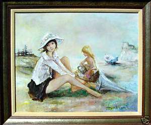 JACQUES LALANDE, GIRLS AT THE BEACH, OIL ON CANVAS  