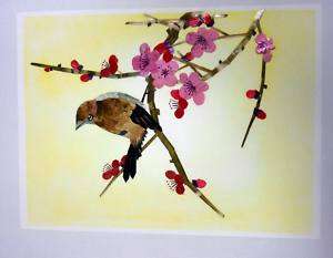 WHEAT STALK ON SILK BROWN BIRD HAND CUT PAINTED PICTURE  