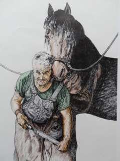   Limited Signed Print Horse with Blacksmith Man Fixing Horseshoe  