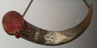 ANTIQUE 1800S POWDER HORN PIN CUSHION SCRIMSHAW CARVED  