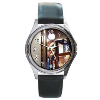 Barber Shop Round Shaped Leather Band Metal Watch  