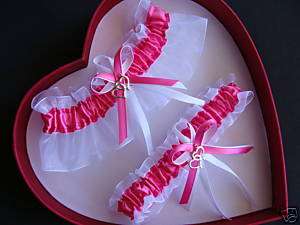Double Heart Wedding Garters HOT PINK / White   Prom  