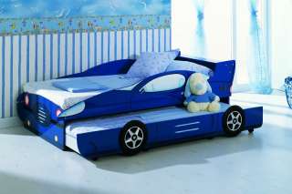 KIDS BLUE SINGLE RACE CAR TRUNDLE BED RACING BOYS CAR BED  