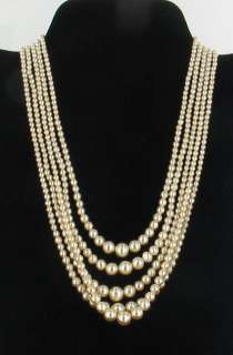 VINTAGE 5 STRAND GRADUATED FAUX PEARL NECKLACE FANCY PASTE RHINESTONE 
