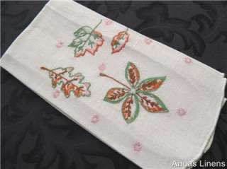 Vintage Linen Guest Towel Hand Embroidered Autumn Leaves  