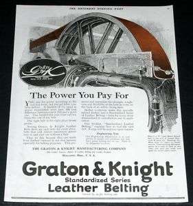 1919 OLD MAGAZINE PRINT AD, GRATON & KNIGHT MACHINE BELTS, ART!  
