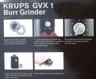 New Krups Electric Coffee Bean Grinder Burr Mill Black GVX1  