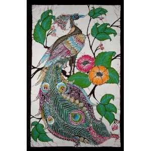  Hand Made Batik Wall Hanging   Peacock On Tree of Flowers 