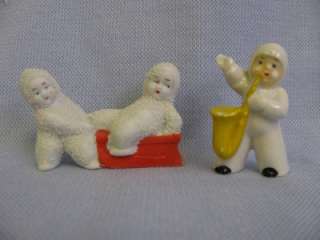 SNOW BABIES c1930 KIDS & SLED, KID & SAXOPHONE Bisque  
