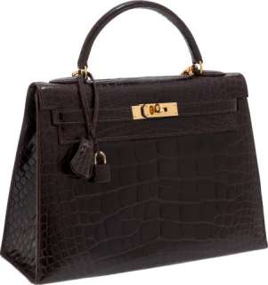 Hermes 32cm Shiny Chocolate Alligator Kelly Bag with Gold Hardware 