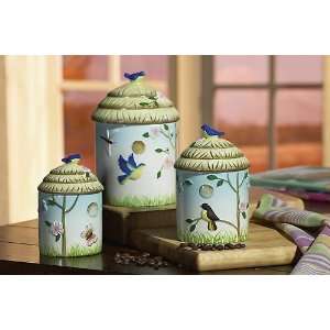  3 Birdhouse Ceramic Canisters Set 