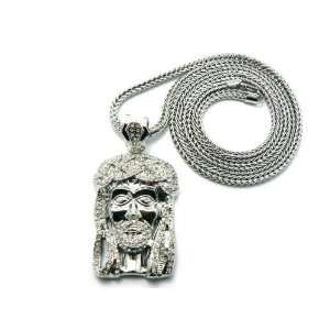   Out Silver Jesus Face Pendant with a 36 Inch Franco Chain Necklace