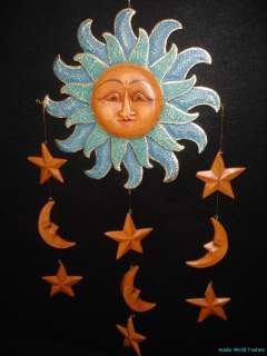 Celestial Sun Sunburst Moon Stars Mobile Carved Wood Bali Art Blue 