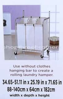 New Rolling Laundry Cart & Clothes Hanging Bar 3 Bag Sorter  