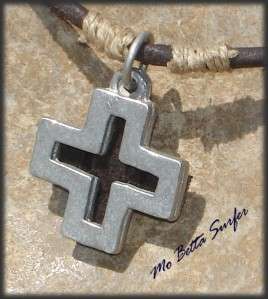 Mens Distressed Leather Surfer Necklace Pewter Cross  