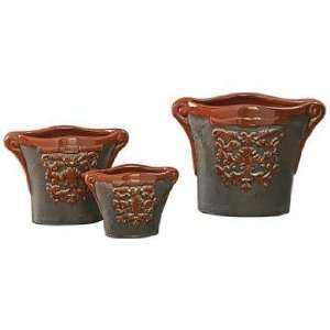  Set of 3 French Brown Ceramic Vases w/ Relief Accent
