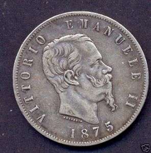 ITALY SILVER COIN,5 LIRE,1875,XF,CV$150  