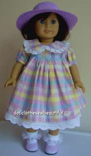 DOLL CLOTHES fit American Girl Lavender Plaid Dress Hat  