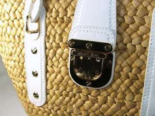Michael Kors Santorini Straw Patent Leather Large Tote Bag Purse White 