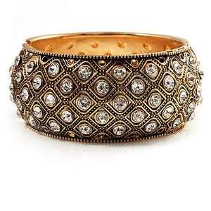  Antique Gold Crystal Hinged Bangle Bracelet: Jewelry