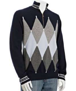 Ballantyne navy cashmere argyle zip neck sweater   