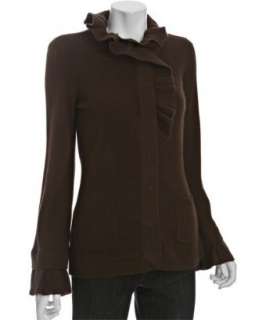 style #306997901 chocolate cashmere ruffle trim bell sleeve cardigan