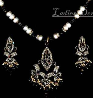   CZ PEARL BEADS VICTORIAN STYLE PENDANT NECKLACE & EARRINGS SET  