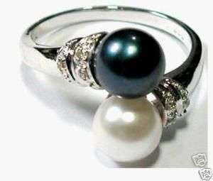 Charming black white shell pearl womens ring size7 9#  