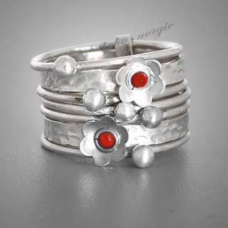 CORAL STERLING 92.5 SILVER RING GEMSTONE NEW PUZZLE SPIN CHIC BOHO 