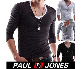 PJ Men’s Stylish Causal Long Sleeve T Shirt low cut V neck Size S M 