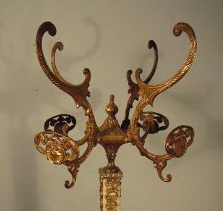Ornate Antique Brass & Onyx Marble Coat Hat Rack Hall Tree Stand 
