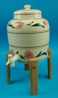   American Made Floral Pottery Container Water Dispenser + Wood Stand