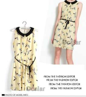 Fashion WOmen Contrasting Collar Chiffon Sleeveless Dress With Bird 