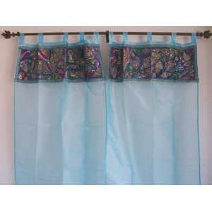   BLUE DESIGNER INDIAN WINDOW TAB CURTAINS SHEER PANELS