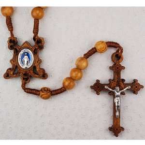 Olive Wood Miraculous Medal Cord Rosary, 7mm Bead, Includes Gift Box.